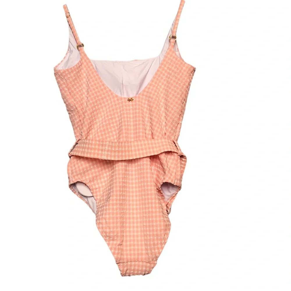 PQ Ballet Lucia Belted Pink Gingham One-Piece Swimsuit Large